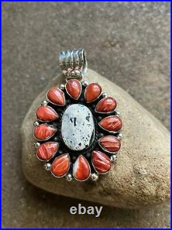 Navajo Sterling Silver Spiny Oyster White Buffalo Turquoise Cluster Pendant. CY