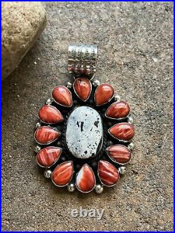 Navajo Sterling Silver Spiny Oyster White Buffalo Turquoise Cluster Pendant. CY