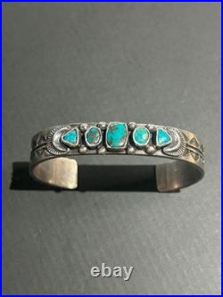 Navajo Sterling Silver Turquoise 5 Stone Stampwork Bangle Bracelet