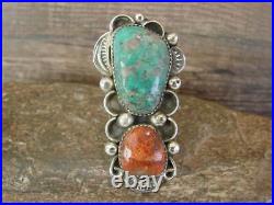 Navajo Sterling Silver Turquoise & Coral Adjustable Ring Size 9 to 11 by Clev