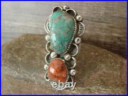 Navajo Sterling Silver Turquoise & Coral Adjustable Ring Size 9 to 11 by Clev
