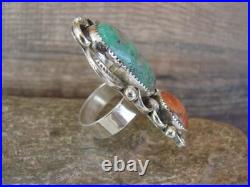 Navajo Sterling Silver Turquoise & Coral Adjustable Ring Size 9 to 11 by Clev