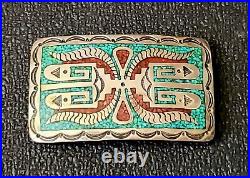 Navajo Sterling Silver Turquoise & Coral Chip Inlay Belt Buckle Signed