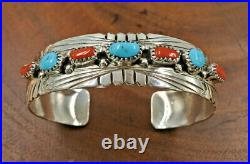 Navajo Sterling Silver Turquoise Coral Cuff Bracelet Julia Slinky Sz. 7 Varied