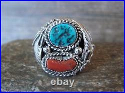 Navajo Sterling Silver Turquoise & Coral Feather Ring Signed Spencer Size 11.5