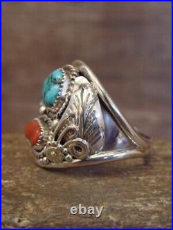 Navajo Sterling Silver Turquoise & Coral Feather Ring Signed Spencer Size 12.5