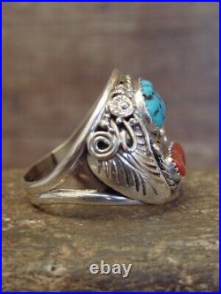 Navajo Sterling Silver Turquoise & Coral Feather Ring Signed Spencer Size 12.5