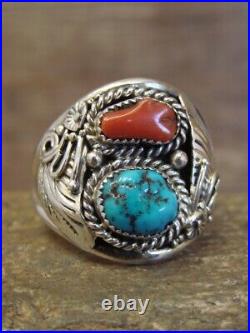 Navajo Sterling Silver Turquoise & Coral Feather Ring Signed Spencer Size 15