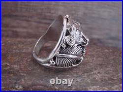 Navajo Sterling Silver Turquoise & Coral Growling Bear Ring Saunders Size 13