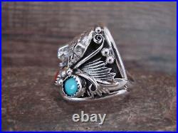 Navajo Sterling Silver Turquoise & Coral Growling Bear Ring Saunders Size 13