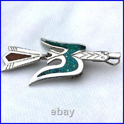 Navajo Sterling Silver Turquoise Coral Pin Pendant Peyote Bird, Tommy Singervtg