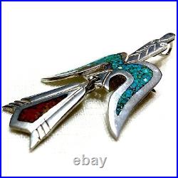 Navajo Sterling Silver Turquoise Coral Pin Pendant Peyote Bird, Tommy Singervtg