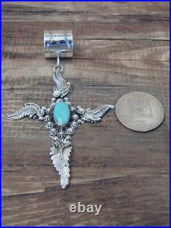 Navajo Sterling Silver & Turquoise Floral Feather Cross Pendant Signed Martinez