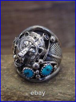 Navajo Sterling Silver & Turquoise Growling Bear Ring by Saunders Size 12