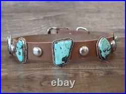Navajo Sterling Silver & Turquoise Leather Dog Collar Signed CR
