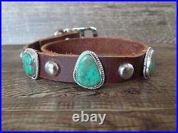 Navajo Sterling Silver & Turquoise Leather Dog Collar Signed M