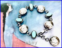 Navajo Sterling Silver Turquoise Liberty Dime Link Bracelet By James McCabe