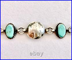 Navajo Sterling Silver Turquoise Liberty Dime Link Bracelet By James McCabe
