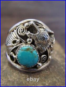 Navajo Sterling Silver & Turquoise Lobo Wolf Ring by Saunders Size 12.5