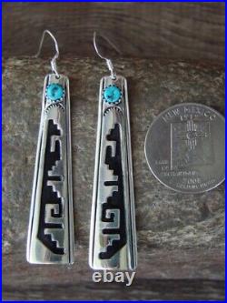 Navajo Sterling Silver Turquoise Petroglyph Dangle Earrings Signed T&R Singer