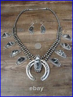 Navajo Sterling Silver & White Buffalo Turquoise Squash Blossom Necklace Set