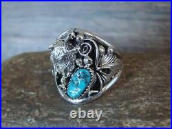 Navajo Sterling Silver Wolf Lobo Turquoise Ring Size 13 Jeanette Saunders