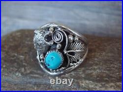 Navajo Sterling Silver Wolf Lobo Turquoise Ring Size 14.5 Jeanette Saunders