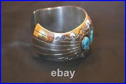 Navajo Sterling Silver and Turquoise Cuff Bracelet Signed P. Benally