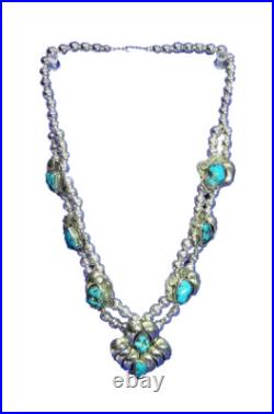 Navajo Sterling Silver and Turquoise Necklace, Signed GM hallmark 20 long