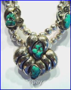 Navajo Sterling Silver and Turquoise Necklace, Signed GM hallmark 20 long