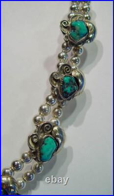Navajo Sterling Silver and Turquoise Necklace, Signed GM hallmark 20 long