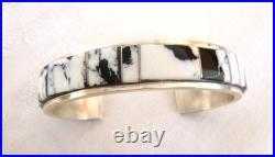 Navajo Steve Francisco Inlaid White Buffalo Cuff Bracelet 925 Sterling Silver