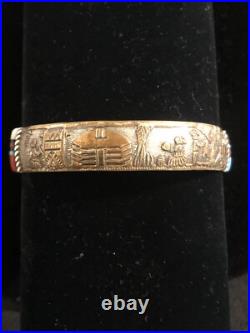 Navajo Storyteller Cuff. Gold Silver Turquoise Coral Inlay. Signed