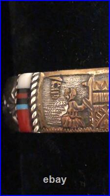 Navajo Storyteller Cuff. Gold Silver Turquoise Coral Inlay. Signed