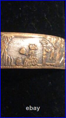 Navajo Storyteller Cuff. Gold Silver Turquoise Coral Inlay. Signed