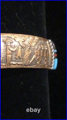 Navajo Storyteller Cuff. Gold Silver Turquoise Coral Inlay. Signed