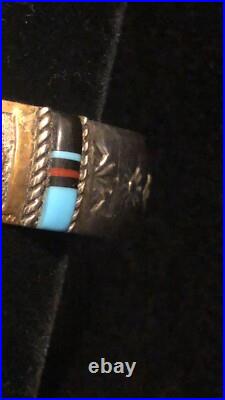 Navajo Storyteller Cuff. Gold Silver Turquoise Coral Inlay. Signed