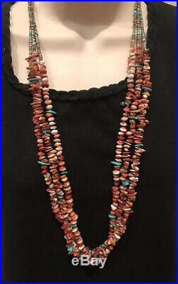 Navajo Susan Johns Sterling Silver Spiny Oyster Turquoise Nugget 3-strd Necklace