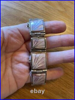 Navajo Teme Sterling Silver Pink MOP Pearl Inlay Bracelet Earrings Set Gift