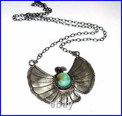 Navajo Thunderbird Bar Necklace Sterling Silver Kingman Turquoise Native Signed