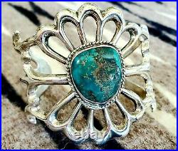 Navajo Tufa Sand Cast Sterling Silver Turquoise Cuff Bracelet 2 1/4 wide