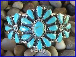 Navajo Turquoise And Sterling Silver Cluster Cuff Signed And Stamped