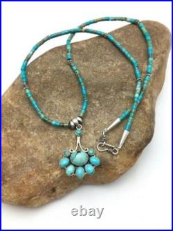 Navajo Turquoise Cluster Pendant Necklace Sterling Silver 20 4079