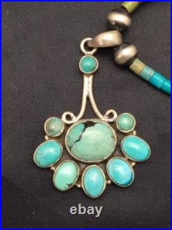 Navajo Turquoise Cluster Pendant Necklace Sterling Silver 20 4079