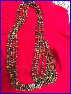 Navajo Turquoise & Coral Five-Strand Necklace MINT