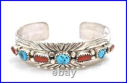 Navajo Turquoise Red Coral Row Sterling Silver Cuff Bracelet Stamped