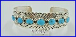 Navajo Turquoise Row Sterling Silver Cuff Bracelet Stamped