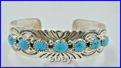 Navajo Turquoise Row Sterling Silver Cuff Bracelet Stamped