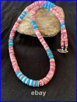 Navajo Turquoise & Spiny Oyster Necklace Sterling Silver 21 4639