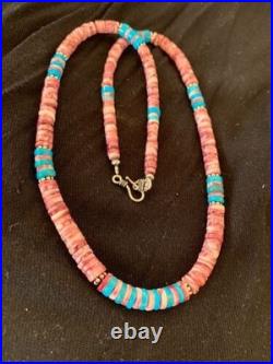Navajo Turquoise & Spiny Oyster Necklace Sterling Silver 21 4639